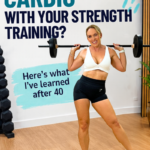 Woman over 40 holding a barbell across her shoulders in a home gym, with the words Do You Need Cardio With Your Strength Training? Here's what I've learned after 40