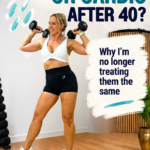 Woman over 40 holding a barbell in a wide stance in a home gym, with the words Build Muscle + Keep Your Cardio, how I'm training differently after 40