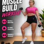 Woman doing a dumbbell curl in a home gym during a 60 minute muscle building workout for women over 40