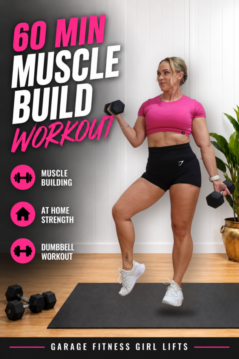 60 Min Muscle Building Workout with Compound Lifts 3 Garage Fitness Girl Woman doing a dumbbell curl in a home gym during a 60 minute muscle building workout for women over 40