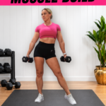 Woman holding dumbbells in a side lunge in a home gym, from a 60 minute muscle building workout with compound lifts