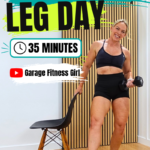 Woman over 40 standing beside a chair holding a dumbbell in a home gym for a knee friendly leg workout, with the words knee-friendly leg day 35 minutes