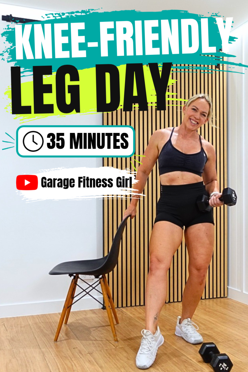 Woman over 40 standing beside a chair holding a dumbbell in a home gym for a knee friendly leg workout, with the words knee-friendly leg day 35 minutes