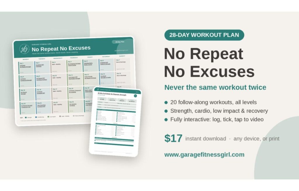 No Repeat Workouts Over 40: The 28-Day Plan That Keeps You Showing Up 1 Garage Fitness Girl