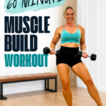 Woman over 40 doing a lateral lunge holding two dumbbells in a home gym, with the words 60 minute muscle build workout for a full body dumbbell workout