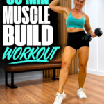 Woman over 40 flexing her bicep and holding a dumbbell in a home gym, with the words 60 min muscle build workout for a full body dumbbell workout