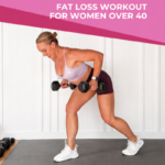 40-Minute Knee Friendly Fat Loss Workout for Women Over 40 4 Garage Fitness Girl Woman over 40 doing a dumbbell deadlift row in a knee friendly full body fat loss workout