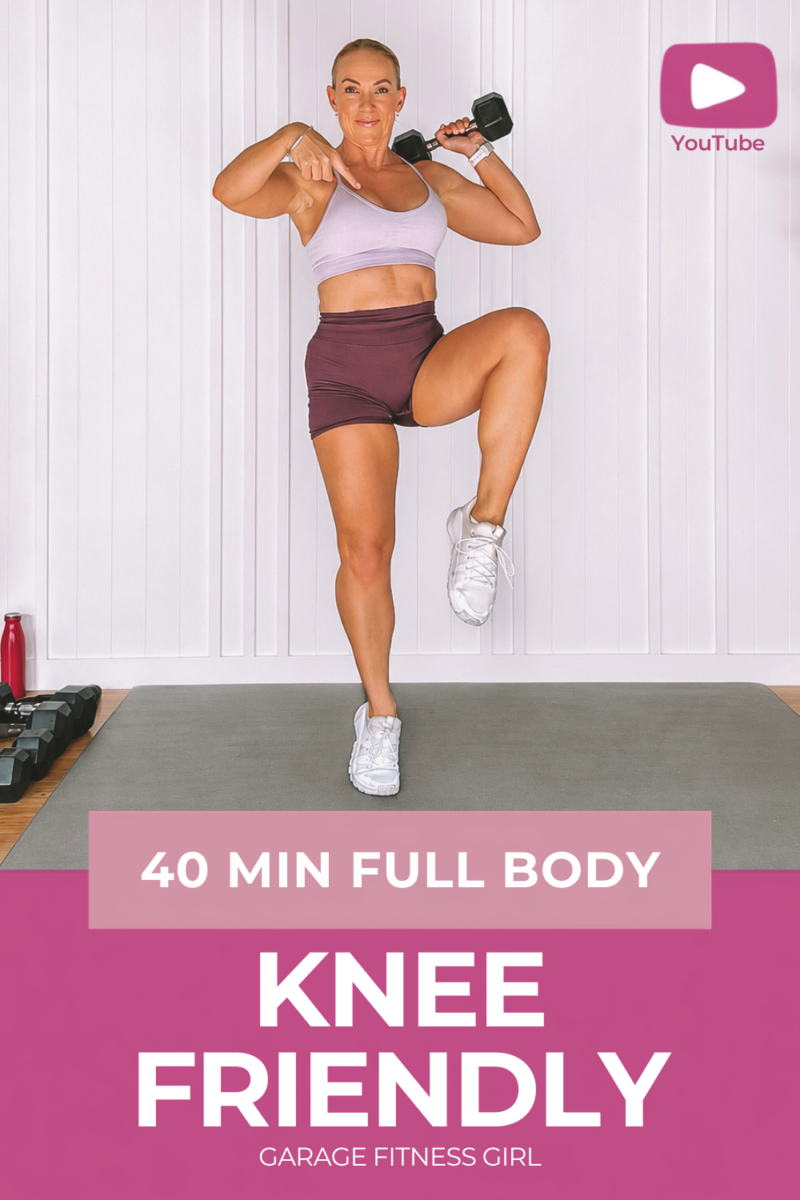 Woman over 40 holding a dumbbell overhead during a knee lift in a knee friendly full body workout