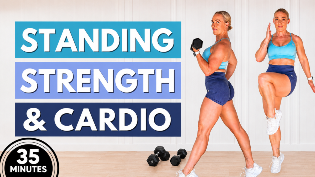 Standing strength and cardio workout thumbnail showing a woman in a blue sports bra and navy shorts doing dumbbell and cardio moves, for Garage Fitness Girl's 35-minute workout.