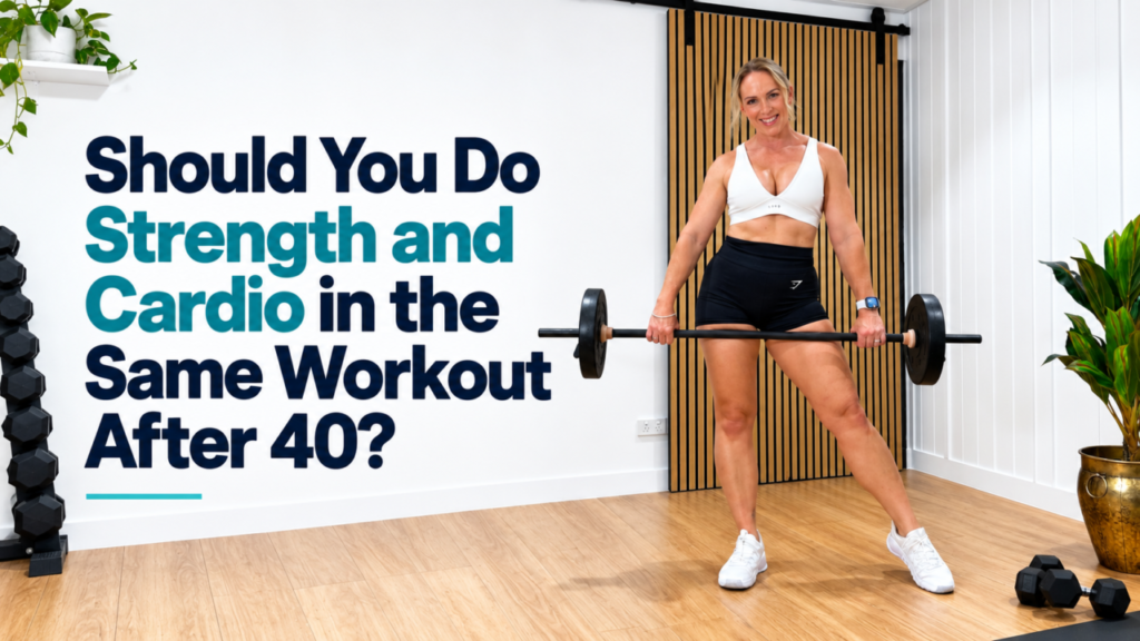 Woman over 40 holding a barbell in a wide stance in a home gym, with the words Should You Do Strength and Cardio in the Same Workout After 40?