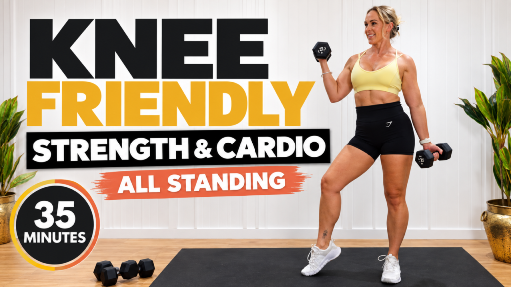 Woman over 40 holding dumbbells for a 35 minute knee friendly workout with all standing strength and cardio