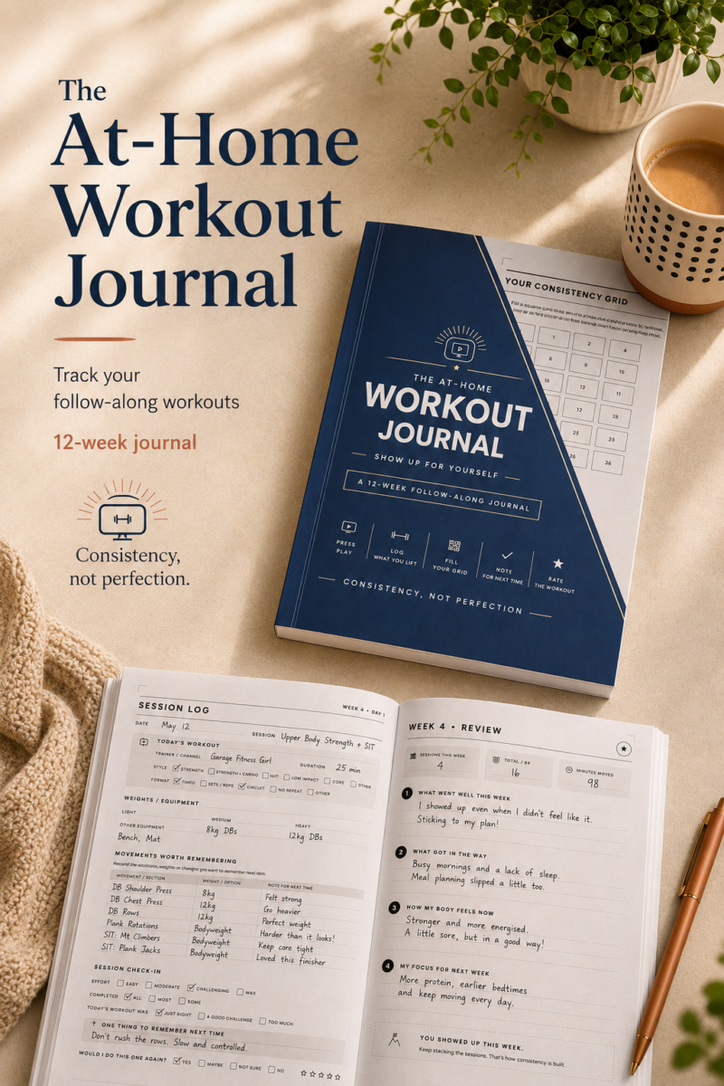 At home workout journal for women over 40 who train to follow along videos
