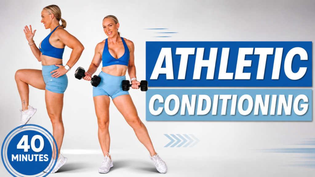 Penny from Garage Fitness Girl holding dumbbells in a 40 minute athletic strength and conditioning workout for women over 40
