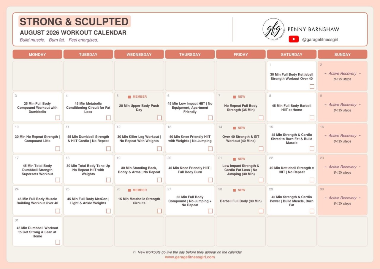 Workout Calendars 3 Garage Fitness Girl August 2026 Strong and Sculpted workout calendar
