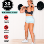 Penny Barnshaw, Garage Fitness Girl 2 Garage Fitness Girl Woman holding a barbell in the front rack position in a home gym during a 30 minute full body barbell workout for women over 40
