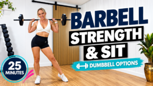 Woman over 40 with a barbell across her shoulders in a home gym, with the words 25 minutes barbell strength and SIT with dumbbell options