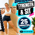 Penny Barnshaw, Garage Fitness Girl 1 Garage Fitness Girl Woman over 40 holding a barbell across her shoulders in a home gym, with the words barbell strength and SIT 25 minutes
