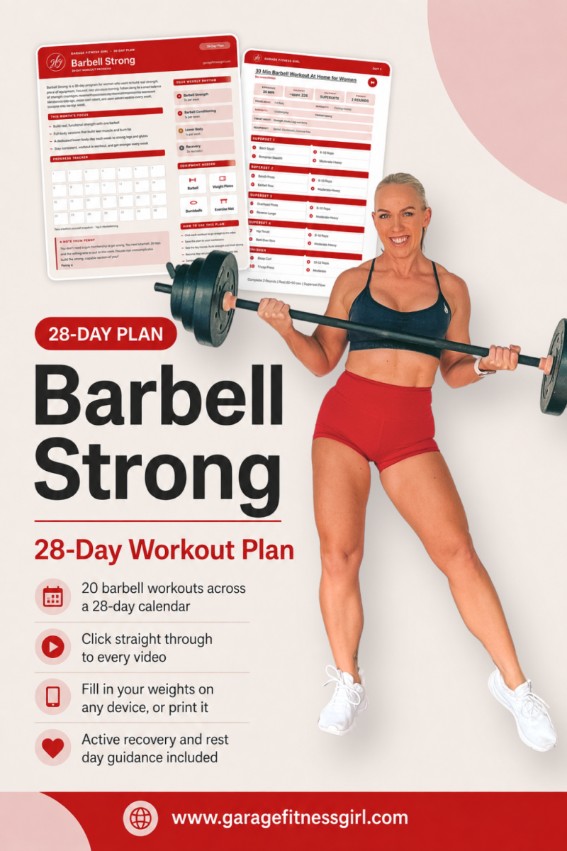 Barbell workout plan for women over 40, pin the free 28 day Barbell Strong calendar