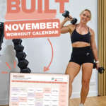 Smiling woman over 40 holding dumbbells in a home gym beside a printable Busy & Built November 2026 workout calendar, with the words November workout calendar