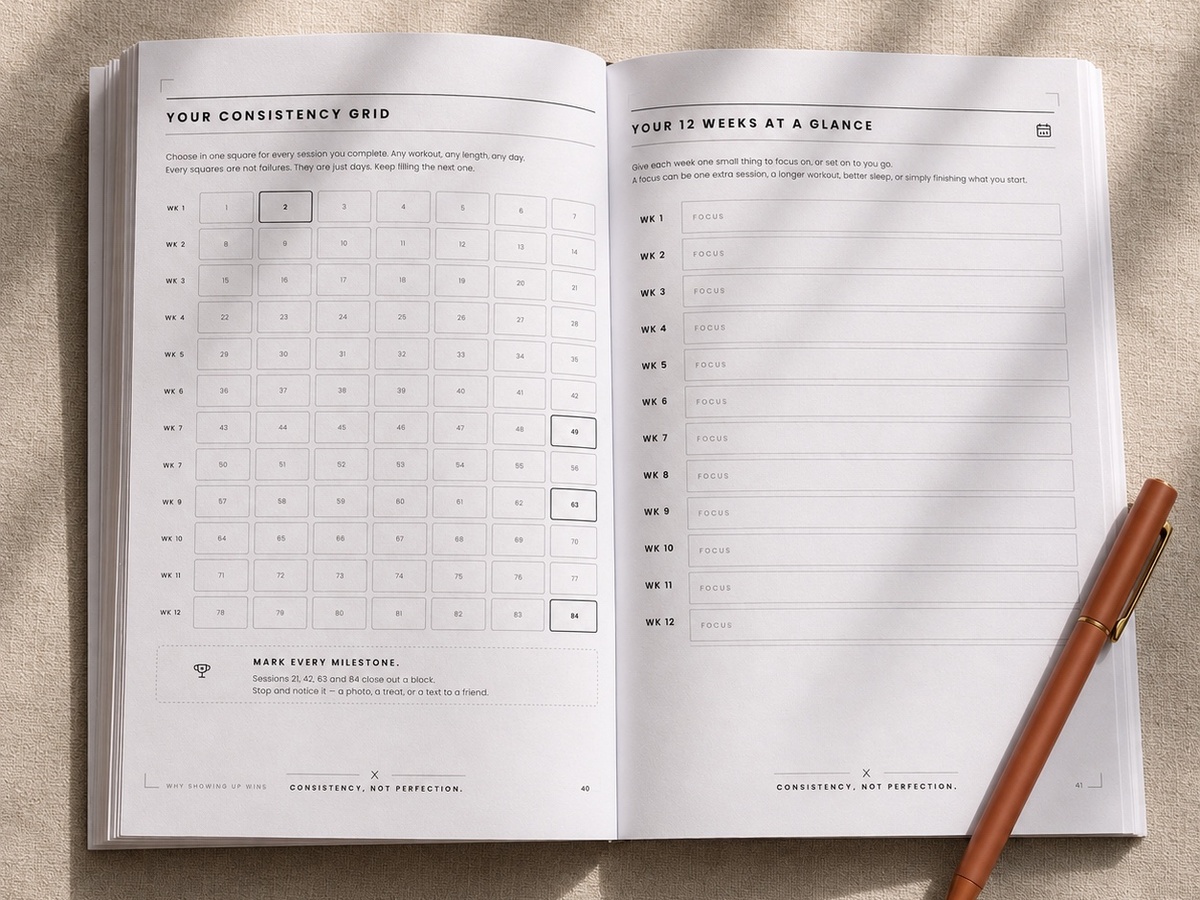 At home workout journal 12 week consistency grid with 84 squares