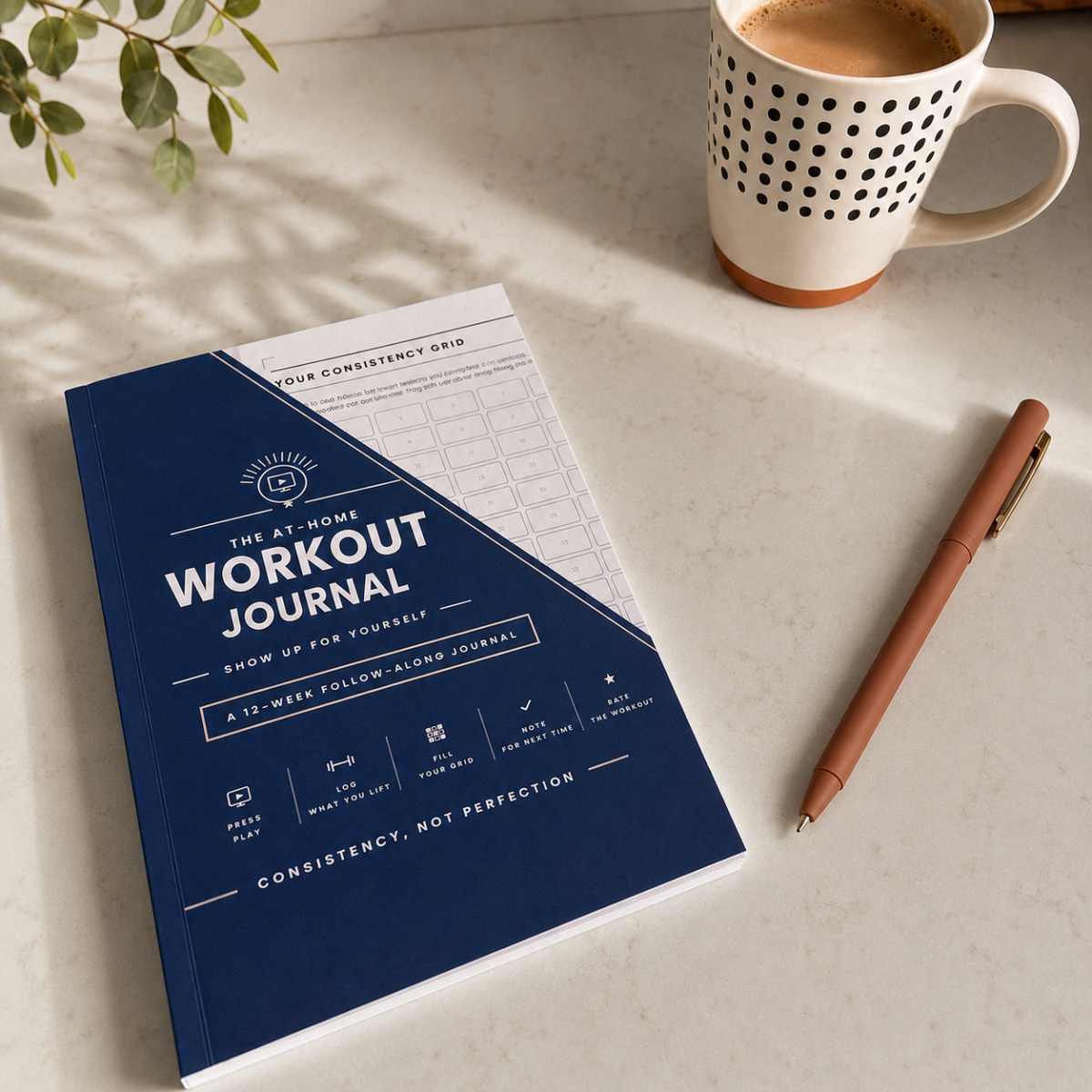 At home workout journal cover for women who train to follow along videos