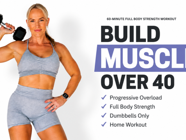 Woman performing a dumbbell full body strength workout designed to build muscle and strength over 40.