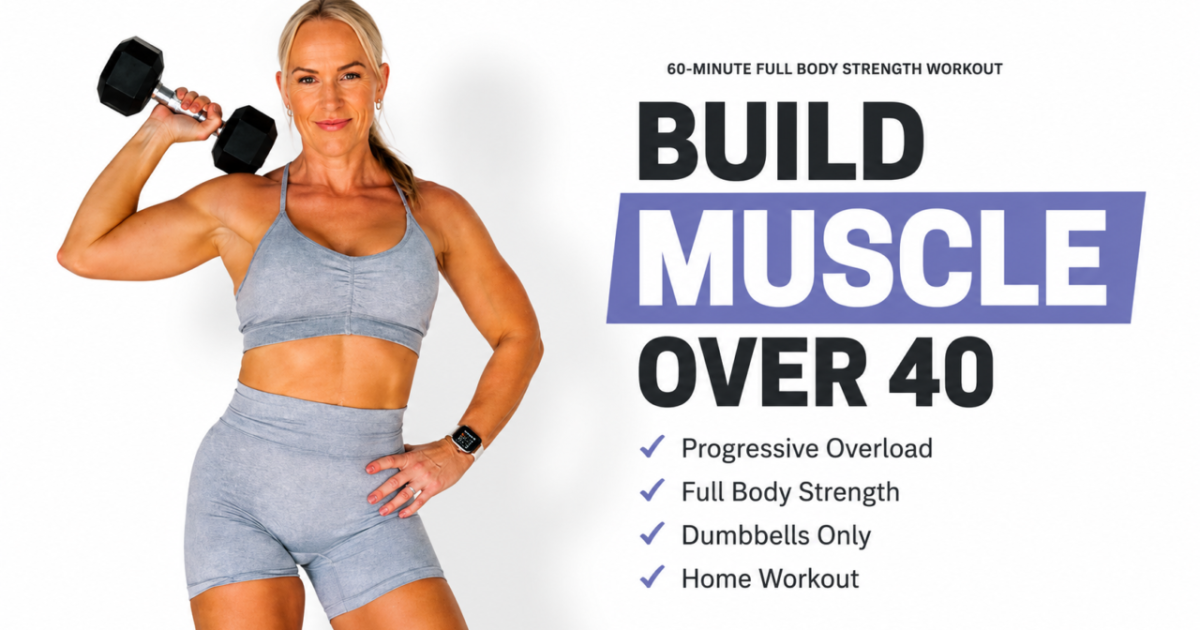 Woman performing a dumbbell full body strength workout designed to build muscle and strength over 40.