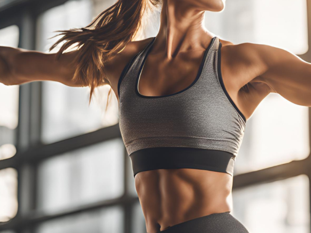 Woman strength training at home with dumbbells to improve physique and build muscle in midlife