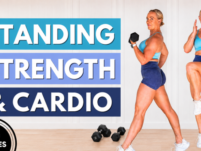 Standing strength and cardio workout thumbnail showing a woman in a blue sports bra and navy shorts doing dumbbell and cardio moves, for Garage Fitness Girl's 35-minute workout.