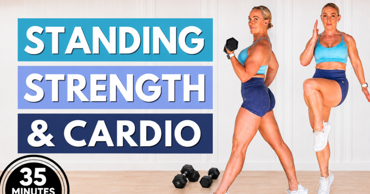 Standing strength and cardio workout thumbnail showing a woman in a blue sports bra and navy shorts doing dumbbell and cardio moves, for Garage Fitness Girl's 35-minute workout.