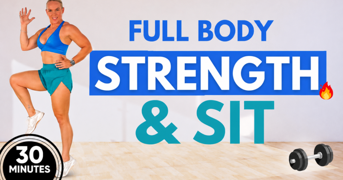 Woman demonstrating a full body strength and SIT workout for women over 40 using dumbbells at home.