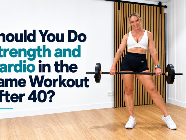 Woman over 40 holding a barbell in a wide stance in a home gym, with the words Should You Do Strength and Cardio in the Same Workout After 40?