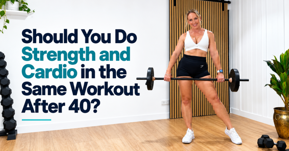 Woman over 40 holding a barbell in a wide stance in a home gym, with the words Should You Do Strength and Cardio in the Same Workout After 40?