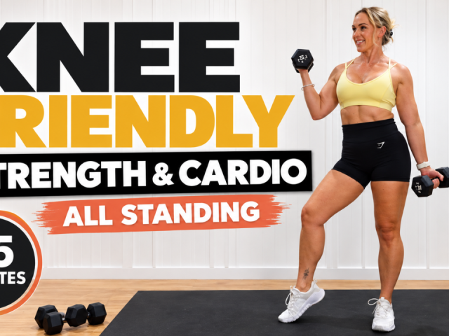 Woman over 40 holding dumbbells for a 35 minute knee friendly workout with all standing strength and cardio