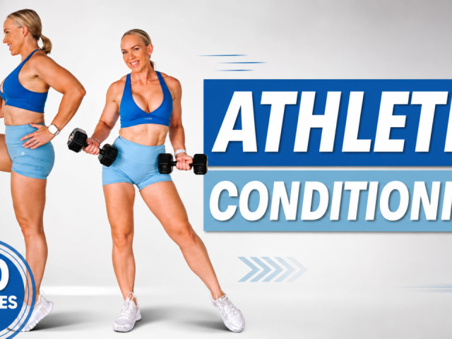 Penny from Garage Fitness Girl holding dumbbells in a 40 minute athletic strength and conditioning workout for women over 40
