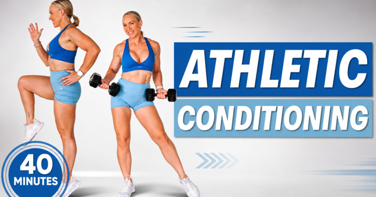 Penny from Garage Fitness Girl holding dumbbells in a 40 minute athletic strength and conditioning workout for women over 40