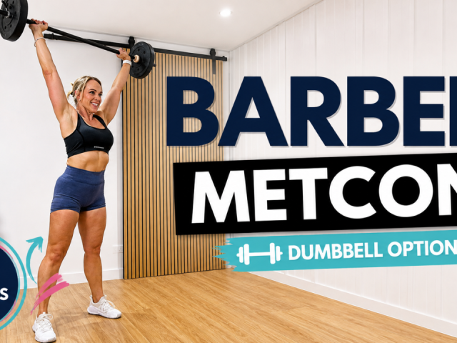 Penny pressing a barbell overhead in her garage gym for a 25 minute barbell Tabata metabolic workout with dumbbell options