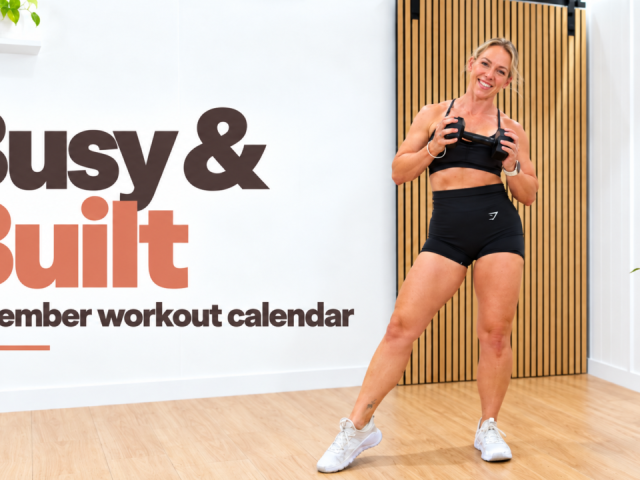 Smiling woman over 40 holding dumbbells in a bright home gym, next to the words Busy & Built November workout calendar