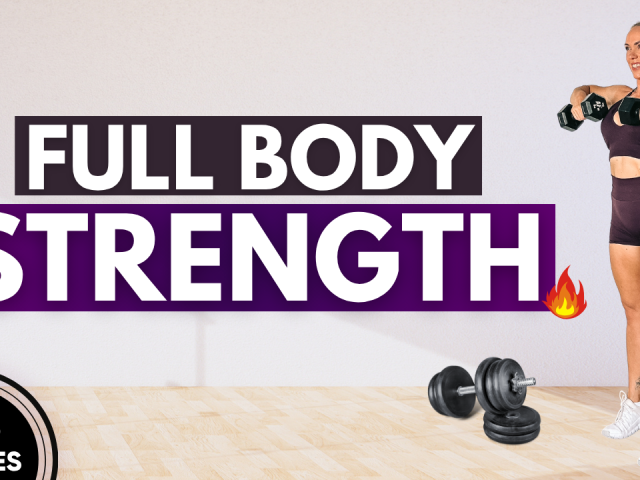 Woman performing a full body strength workout using compound dumbbell lifts at home