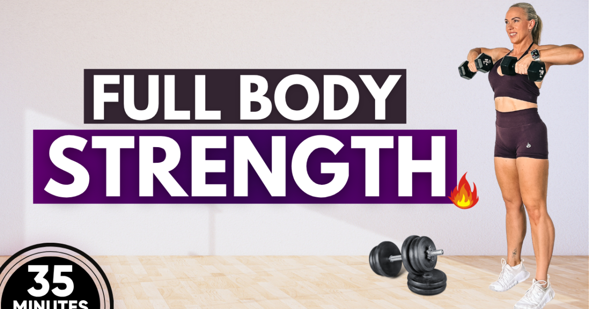 Woman performing a full body strength workout using compound dumbbell lifts at home