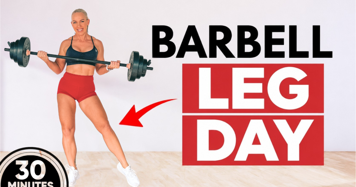 Woman over 40 holding a loaded barbell in a home gym, with the words barbell leg day 30 minutes, for a barbell lower body workout for women over 40