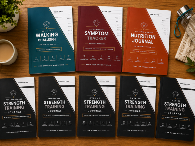Collection of 8 fitness journals for women over 40, including strength training journals and symptom trackers