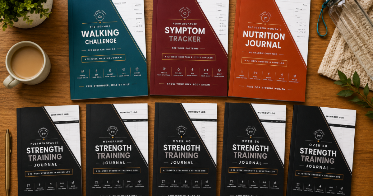Collection of 8 fitness journals for women over 40, including strength training journals and symptom trackers