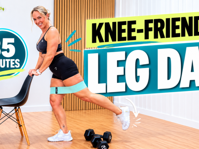 Woman over 40 holding a chair doing a booty band glute kickback in a home gym for a knee friendly leg workout, with the words knee-friendly leg day 35 minutes