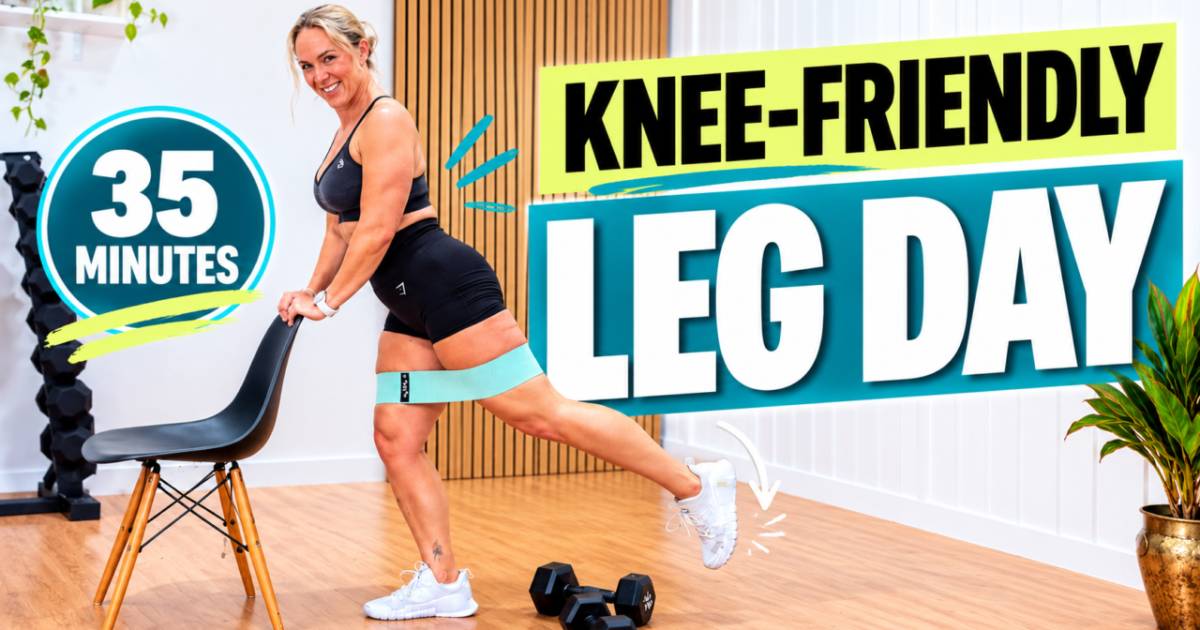 Woman over 40 holding a chair doing a booty band glute kickback in a home gym for a knee friendly leg workout, with the words knee-friendly leg day 35 minutes