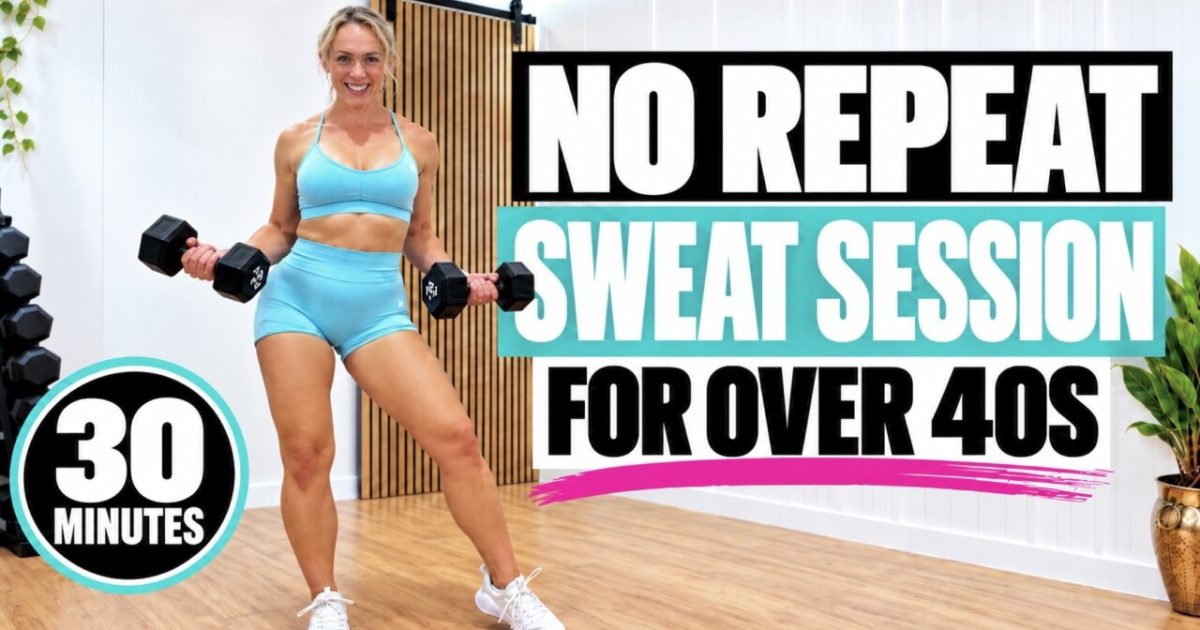 Woman over 40 in a teal workout set holding dumbbells in a home gym, with the words 30 minutes no repeat sweat session for over 40s