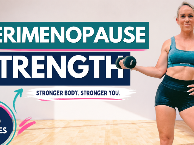 Woman doing a dumbbell bicep curl in a home gym, from a 35 minute perimenopause strength workout for women over 40