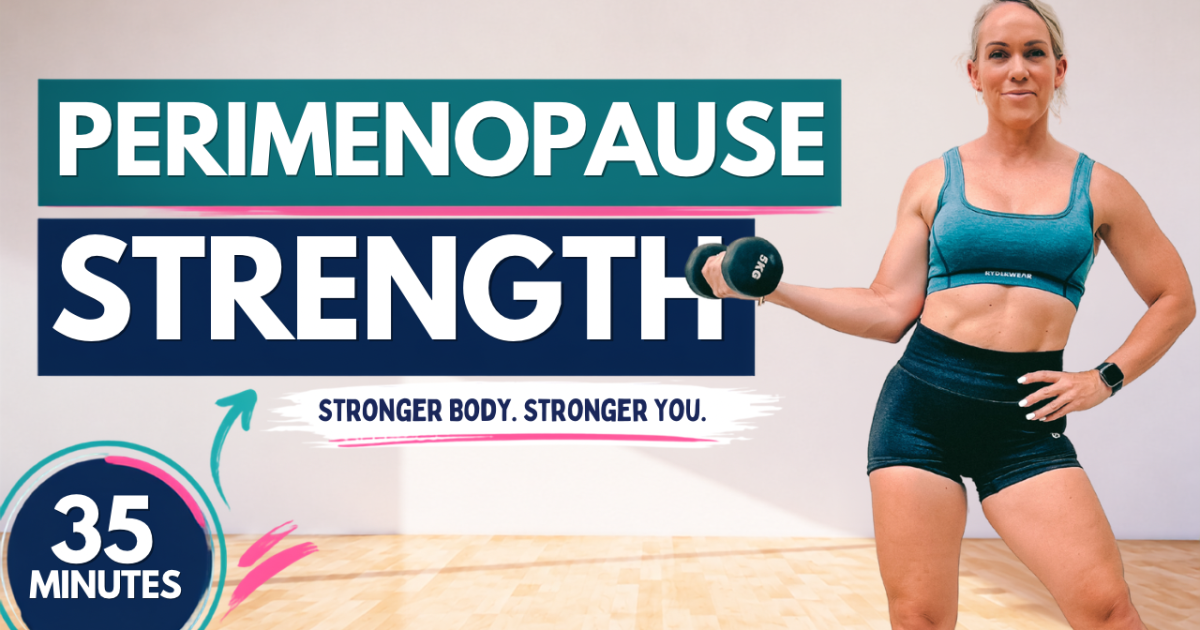 Woman doing a dumbbell bicep curl in a home gym, from a 35 minute perimenopause strength workout for women over 40
