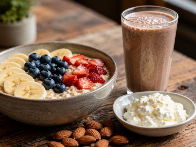 Pre and post workout nutrition meal with oats, berries and a protein shake