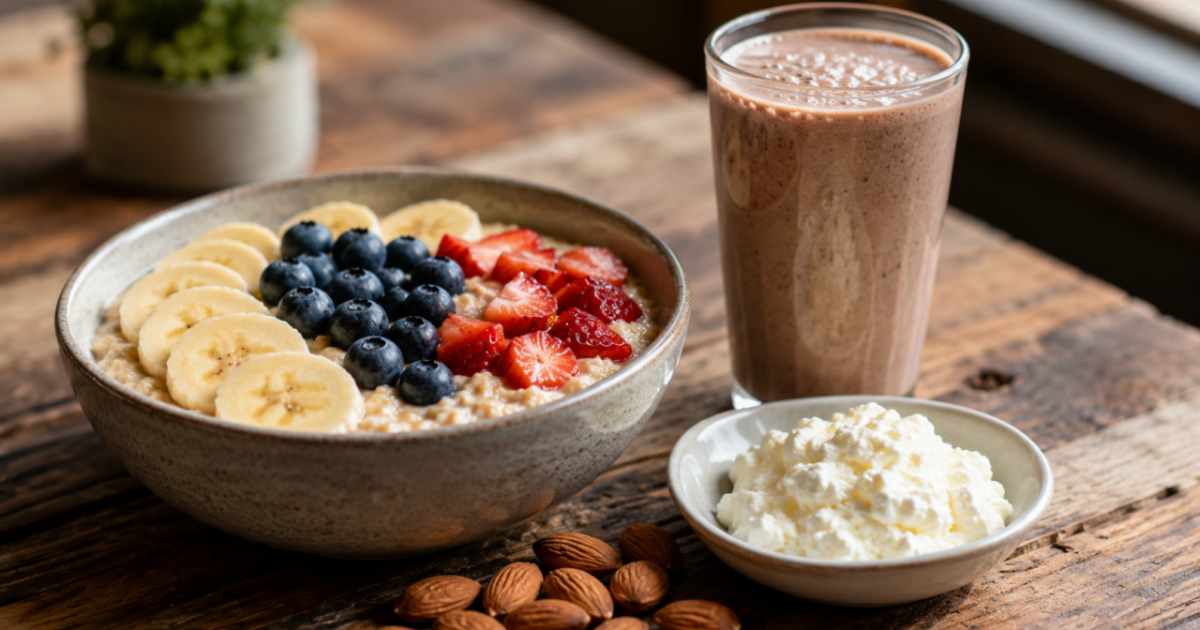 Pre and post workout nutrition meal with oats, berries and a protein shake